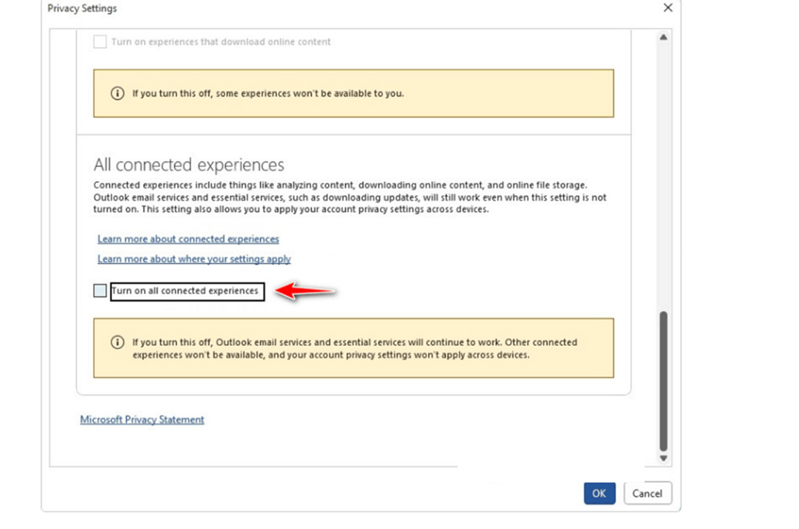 Screenshot of Microsoft Connected Experiences configuration.